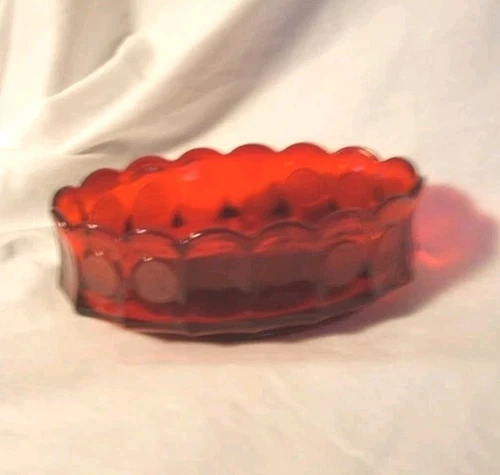 Vintage Fostoria Ruby Red Oval Coin Pattern Glass Bowl - 9" x 5 1/2"
