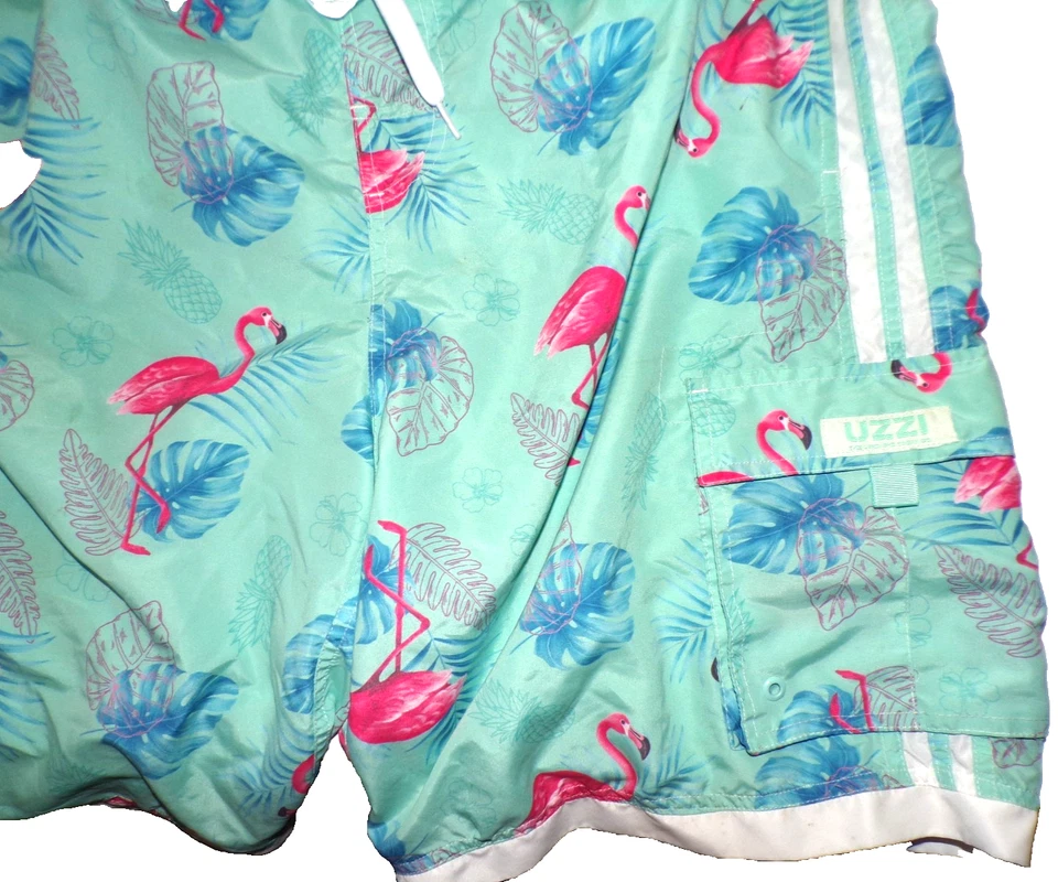 Men's Pink Flamingo aqua blue Print High-Rise Swim Trunks with Drawstring S4 - Image 2 of 4