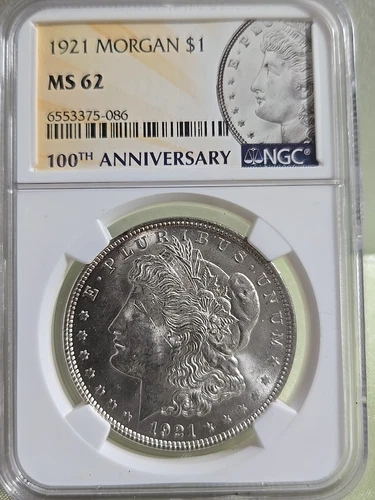 1921 Morgan Silver Dollar MS62 NGC 100th Anniversary. 