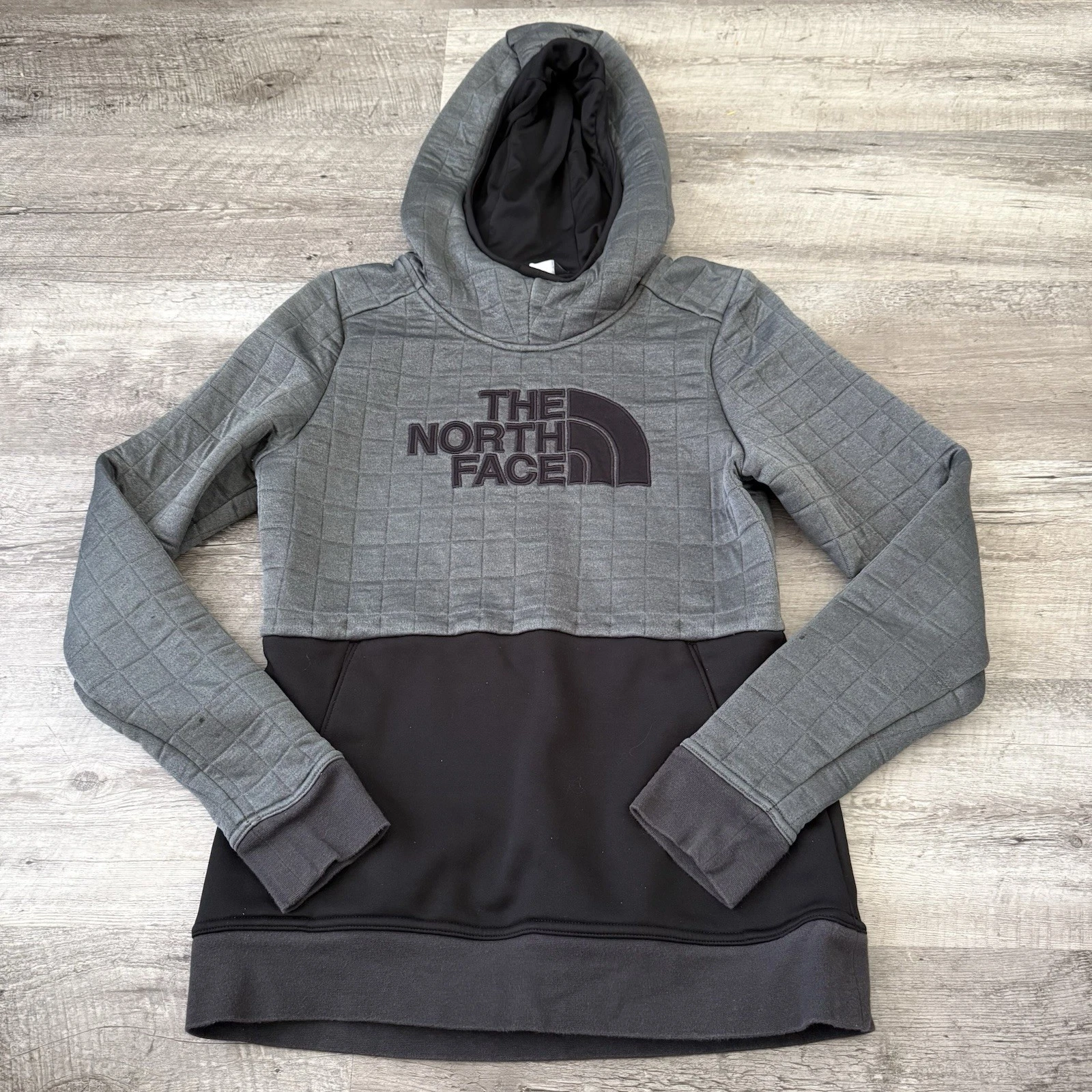 The North Face Half Dome Quilted Pullover Hoodie Womens Small Gray Black Pockets