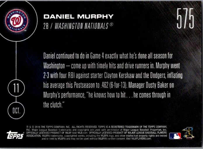 Daniel Murphy Nationals 4 RBI vs Dodgers Clayton Kershaw 2016 Topps NOW #575 - Image 2 of 2