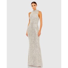 New NWT Mac Duggal Sequined Soft Tie Halter Neck Column Gown Nude Silver Size 2