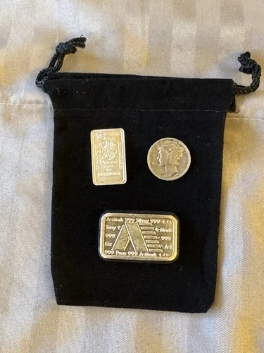 A-Mark Anaheim Metal 1 Oz. Chubby Stackable Fine Silver Bar, 1/10, Mercury Dime￼