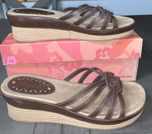 E5 MUDD CONEJO SZ 10m BROWN SLIDE MULE SLIP ON OPEN TOE SANDALS 70019 WEDGE