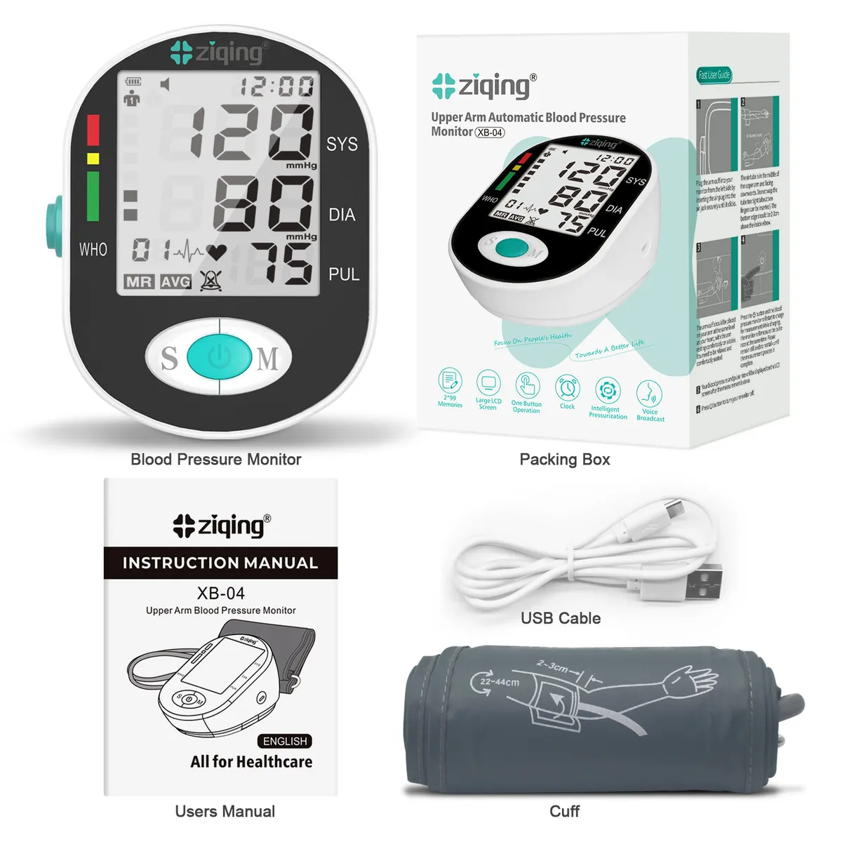 Ziqing Blood Pressure Monitor Upper Arm Blood Pressure Machine with Adjustable BP Cuff LCD Pulse Rate Monitor for Home Use, with 2x99 Sets Memory
