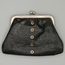 Vintage Black Leather Coin Purse 2 Compartment with Kiss Lock