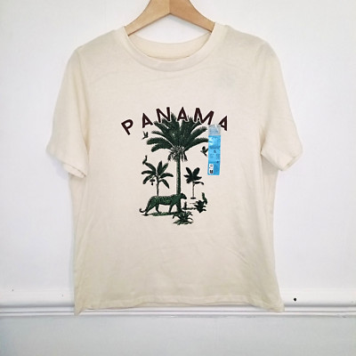 Primark Womens Top BNWT Beige Size S UK 10 12 Graphic T-Shirt 100% Cotton Panama