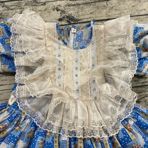 Vtg Kid Girl Full Circle Twirl Bib Dress Sz 10 (see msrmnts) Blue Floral Pattern - Picture 3 of 12