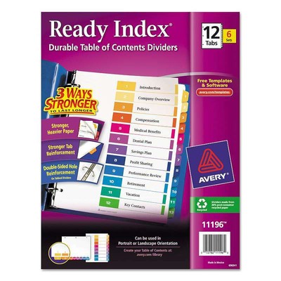 Avery divider index multiclr,12tb,6/pk 11196 (072782111960)