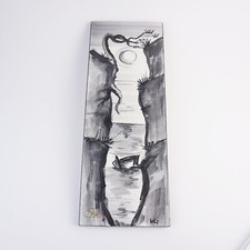 Schöne alte Wandplatte Wandbild Keramik Schlucht mit Boot Motiv schwarz weiß