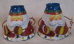 Vintage Christmas Cone-shaped Santa Metal Candle Holders Set Of 2 w/drums