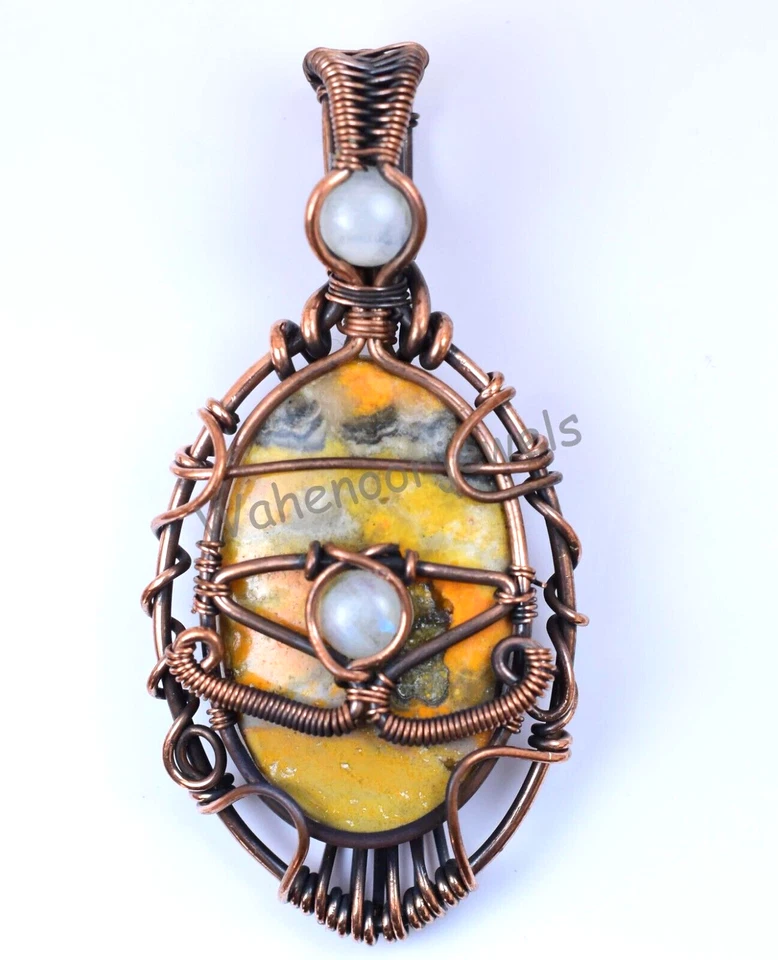 Raro Pendente In Giada Bumble Bee Jasper Con Filo Di Rame Avvolto Bellissimo - Immagine 4 di 4