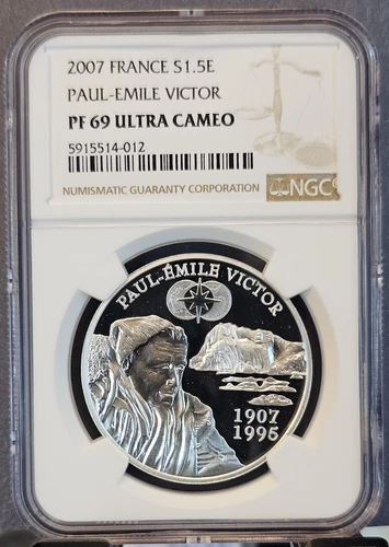 2007 FRANCE SILVER 1.5 EURO PAUL EMILE VICTOR NGC PF 69 ULTRA CAMEO TOP POP