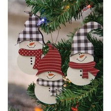 Snowman Set of 3 Buffalo Checked Christmas Ornaments Wood w/ Metal Hanger NEW