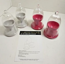 NEW SET OF 4 CURTIS STONE EGG CUPS WITH GLASS DOME COVERS RED & GRAY, SHIPS FREE
