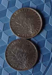 2 pièces 1Franc Semeuse 1915 1918 argent