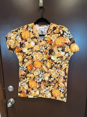 S.C.R.U.B.S Scrub Womens XS Short Sleeve Pumpkins Fall Orange