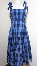 Crown & Ivy Blue Textured Smocked Midi Dress M Lined Cottagecore Tie Straps