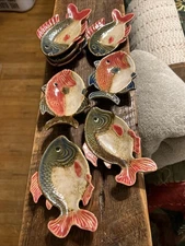 Pier 1 Imports Fish Sushi Dipping Dishes Ceramic 8 Little Bowls 4”X 2.5”