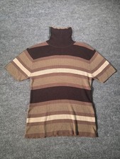 Womens Knitted Shirt Turtle Neck Brown Half Sleeves Regular Fit Stripes