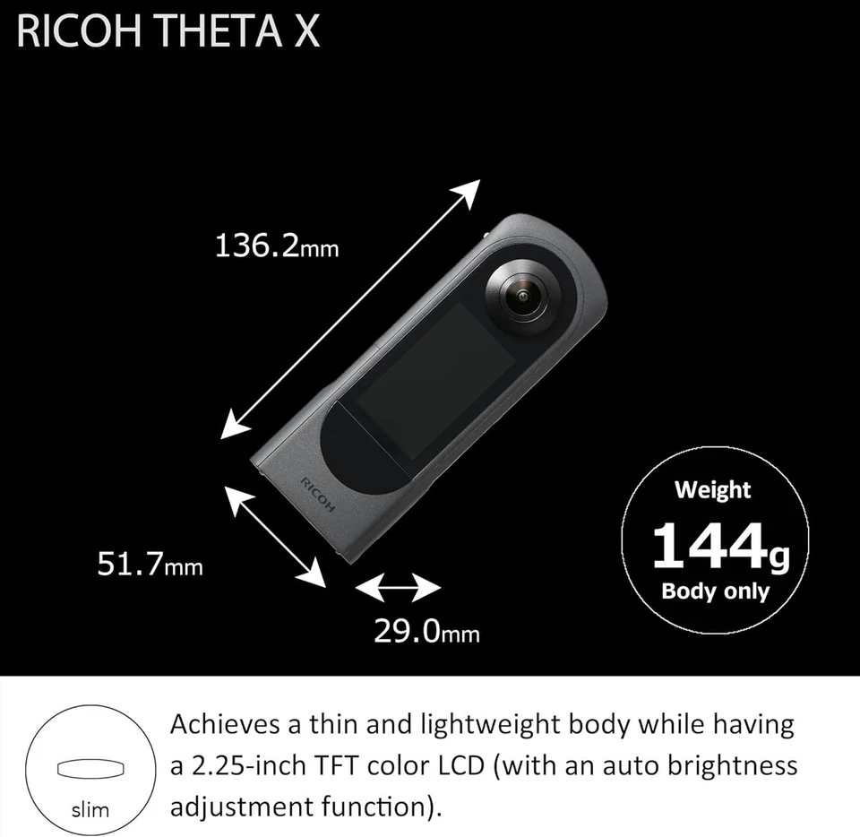 Cámara Ricoh THETA X 360° - Fotografía 11K / Video 5.7K, Pantalla Táctil e Interchangea Foto 3 de 4