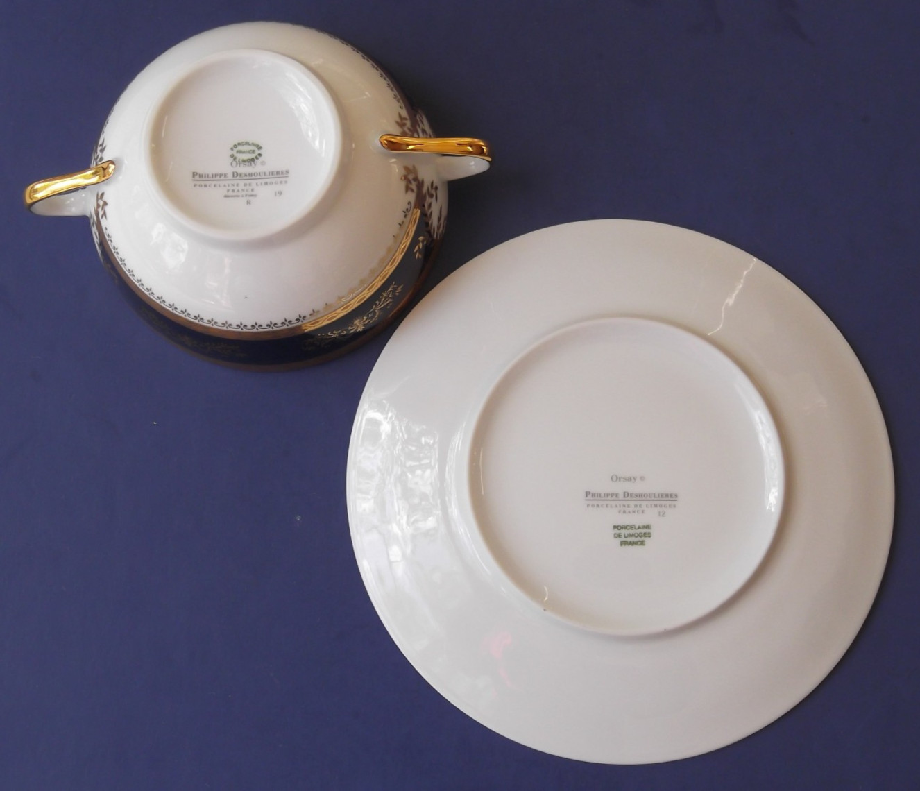 P. Deshoulieres Limoges Orsay Cobalt Blue Handled Cream Soup Cup/Bowl & Saucer