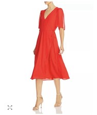 Alice + Olivia Suri True Wrap Midi Dress Red Size 2 Sheer Sleeves