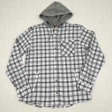 Simms Santee Flannel Hoody Mens Medium Plaid Organic Cotton Snap Up Fish Outdoor