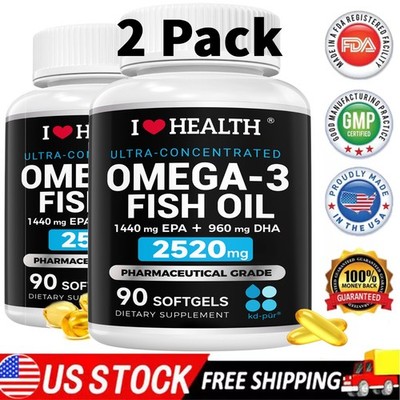 2 Pack Omega 3 Fish Oil Supplement  3000mg , EPA & DHA Supplement,180 Softgels