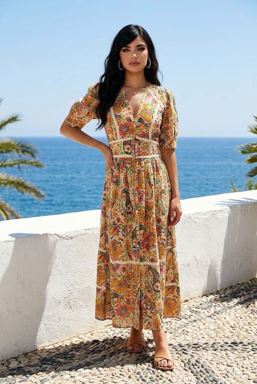 Ba&Sh Benja Paisley Print Maxi Dress Floral Boho Cottage Summer Size Small ~ EUC