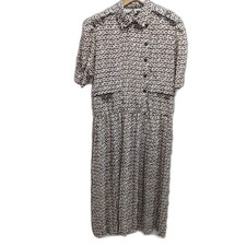 Vintage White Green Purple Print Midi Dress Granny Cottagecore