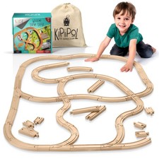 Wooden Train Tracks Set - 52 Pieces Bonus Railroad Map for Kids 3