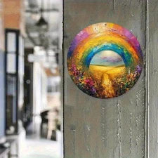 1pc 7.87 Inch Round Aluminum Metal Sign - Retro Rainbow Meadow Floral Landscape