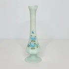 Vintage Fenton Hand Painted Blue Satain Swung Glass Bud Vase Blue Floral