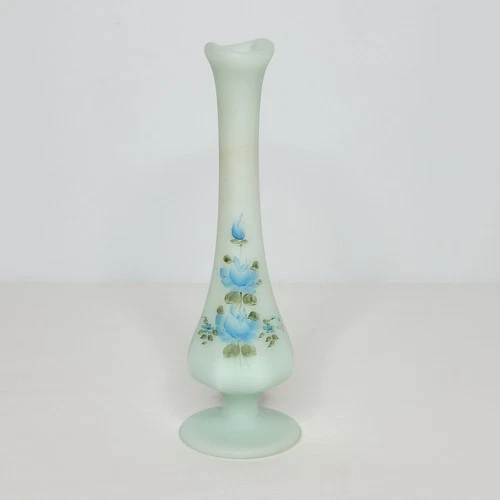 Vintage Fenton Hand Painted Blue Satain Swung Glass Bud Vase Blue Floral