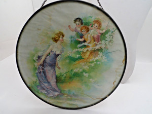 Antique Victorian 1900s Stove Flue Cover Woman with Angels/Cherubs 9.5" Vintage