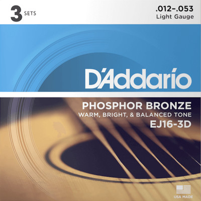 D'Addario EJ16-3D Phosphor Bronze Acoustic Guitar Strings, Light, 3 Sets
