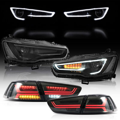 Black Smoke VLAND LED Headlights+Taillights Assembly For 08-17 Mitsubishi Lancer