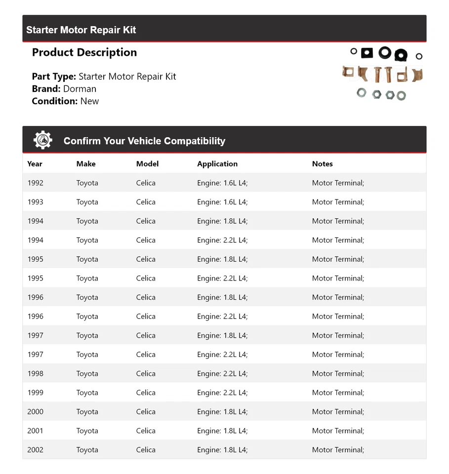 适用于 1992 - 2002 年丰田 Celica Dorman 初学者电机维修套件 1993 1994 1996 年 — 第 2/4 张图片