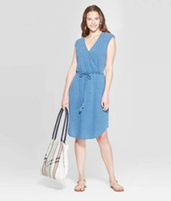 Women M Mini Cap Sleeve Drawstring Waist Dress Indigo Blue Universal Thread NWT