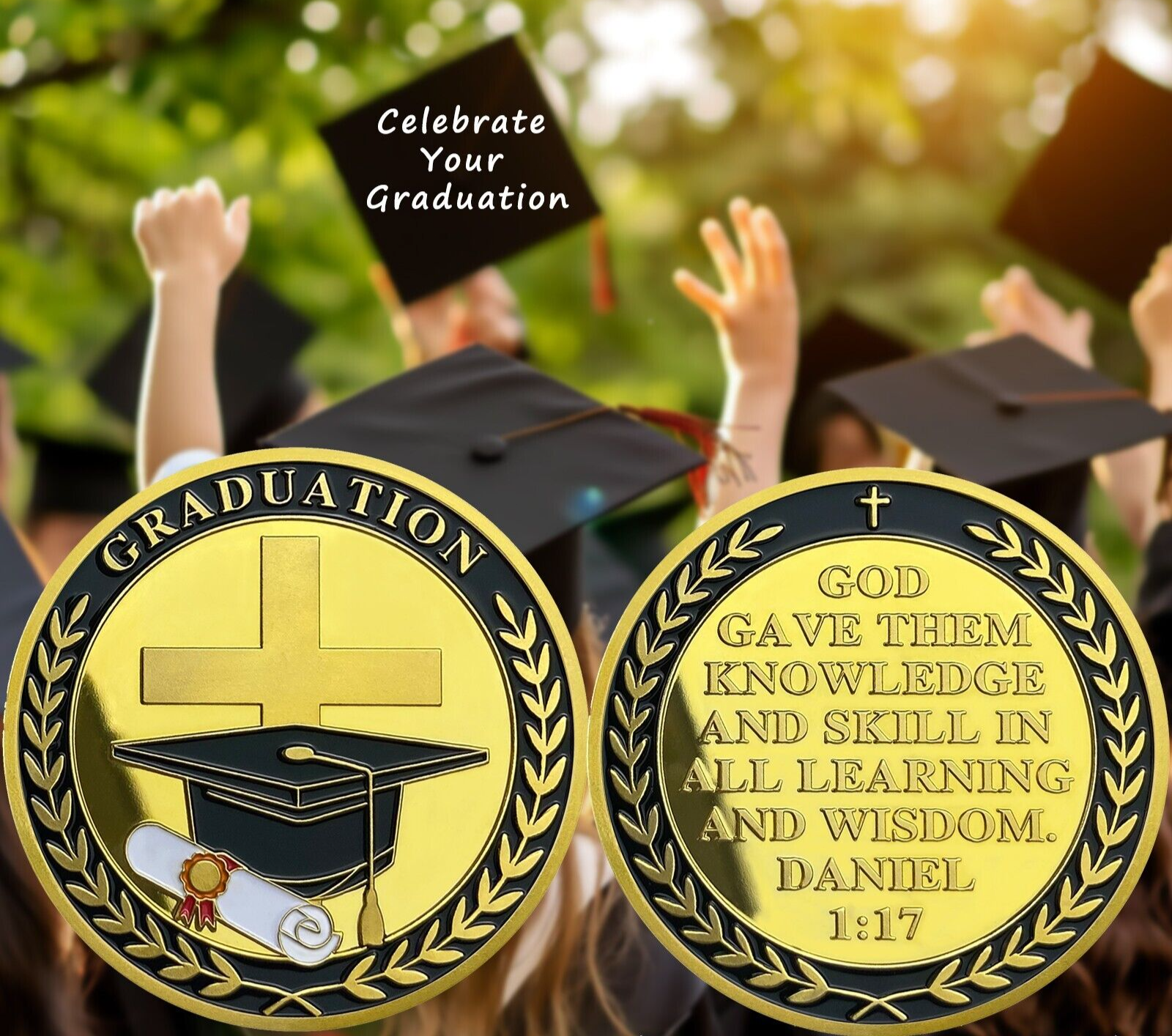 Graduation Challenge Coin with Cross Academic Cap Design for Ceremony