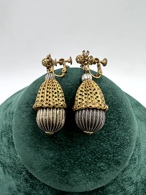 (Only Set) VTG 2''L Miriam Haskell Signature Russian Gilt Filigree Acorn Earrings