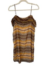 Glam Sleeveless Ruffle Mini Dress Size Large Geometric Print Yellow Brown Hippie
