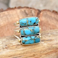 Copper Turquoise Ring, 925 Sterling Silver Ring, Three Stone Band Ring Boho Ring