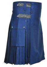 Navy Blue Leather Straps Cotton Utility Kilt