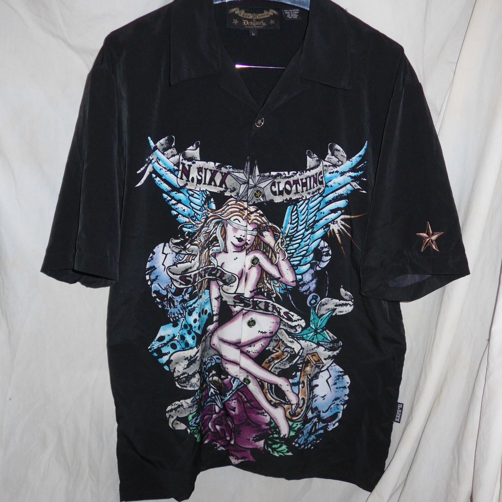 VTG NIKKI SIXX Dragonfly L Rockabilly Button Up Shirt Motley Crue