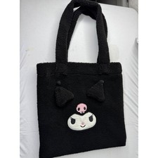 Sanrio Kuromi Black Sherpa Fleece Tote Bag 3D Ears Pom Poms Plush Character Bag
