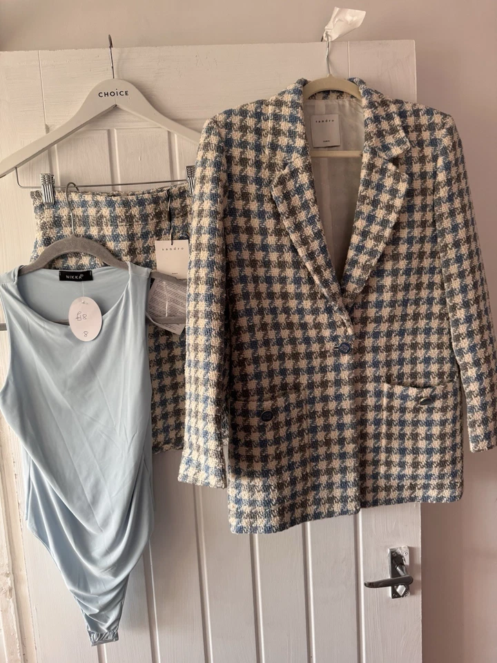 impresionante blazer Sandro París patrón dientes de gallo 34/6 y falda 1/8 tweed Foto 3 de 4