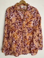 Rachel Zoe Women’s L Peach Floral Linen Top Orange Button Up Roll Tab Boho