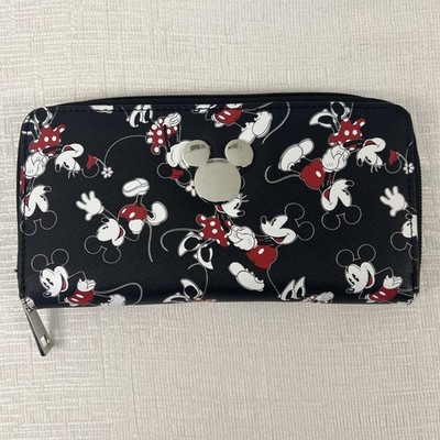 Disney Bioworld Mickey & Minnie Zip-Around Wallet Black Faux Leather Used